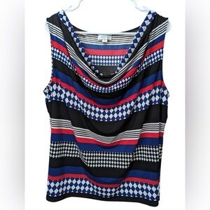 Tahari Black Blue Argyle Striped Cowl Neck Sleeveless Casual Top Womans Size 1X